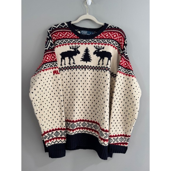 Polo Ralph Lauren Sweater Mens XL Cream Red Nordic Moose Christmas Tree - Picture 1 of 9